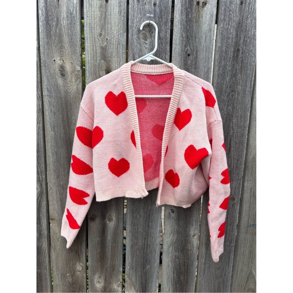 SHEIN Pink and Red Heart Open-Front Cardigan